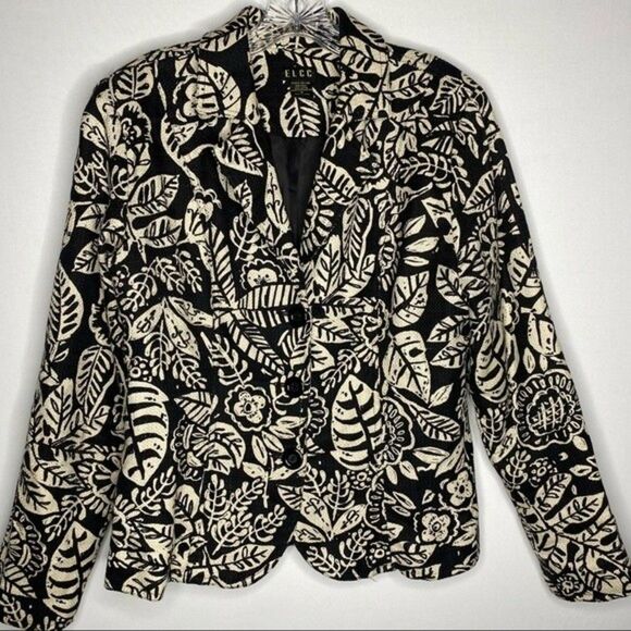 ELCC Blazer Womens M Black Cream Batik Leaf Floral Print 3 Button Jacket Vintage - Picture 4 of 8